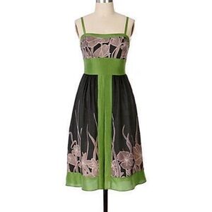 Hype by Anthropology Black and Green Floral Midi Dress size 2 100% Silk
